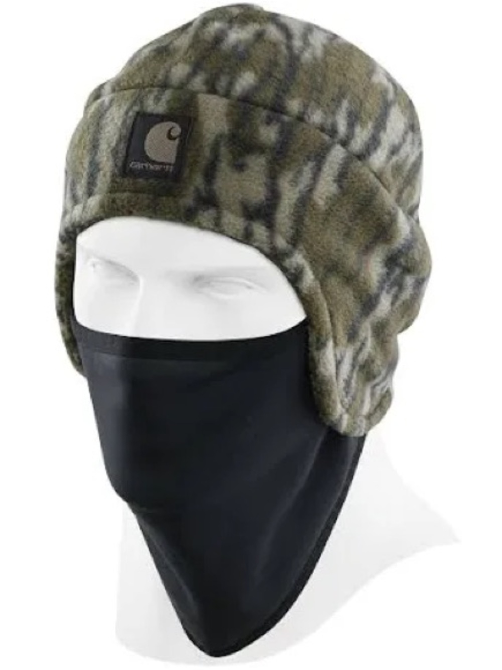 Carhartt Olive Green Camo Fleece Trapper Hat with Black Mask
